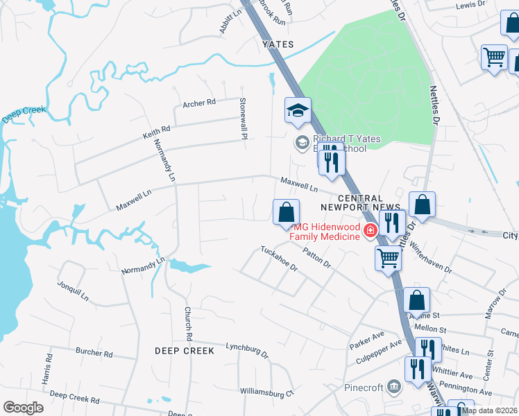 map of restaurants, bars, coffee shops, grocery stores, and more near 192 Devon Place in Newport News