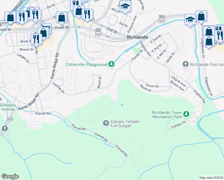map of restaurants, bars, coffee shops, grocery stores, and more near Ridge Road in Richlands