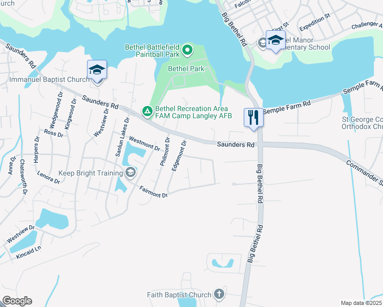 map of restaurants, bars, coffee shops, grocery stores, and more near 3 Newgate Village Road in Hampton