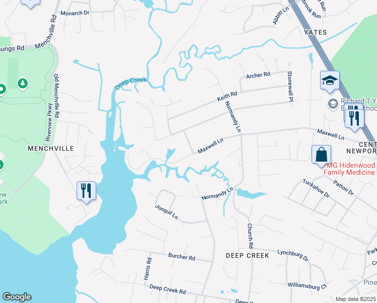 map of restaurants, bars, coffee shops, grocery stores, and more near 205 Longstreet Road in Newport News