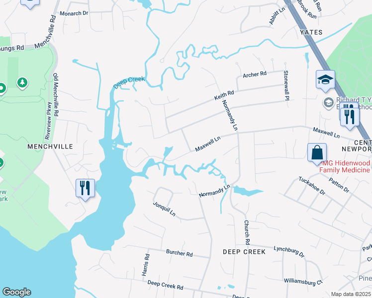 map of restaurants, bars, coffee shops, grocery stores, and more near 301 Maxwell Lane in Newport News