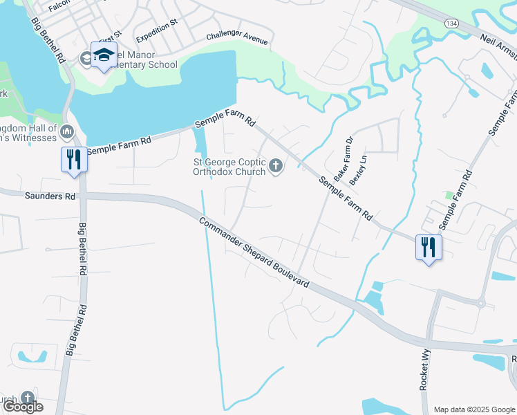 map of restaurants, bars, coffee shops, grocery stores, and more near Appaloosa Court in Hampton