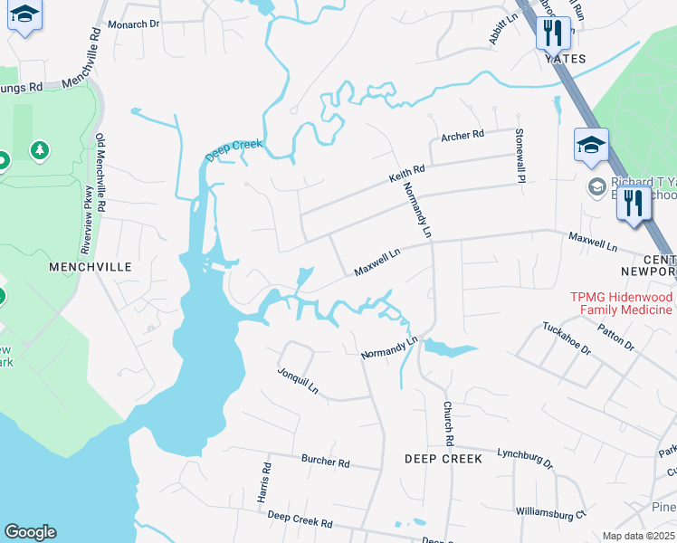 map of restaurants, bars, coffee shops, grocery stores, and more near 205 Longstreet Road in Newport News