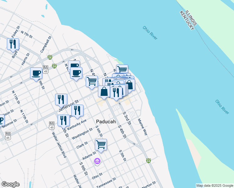 map of restaurants, bars, coffee shops, grocery stores, and more near 206 Broadway Street in Paducah