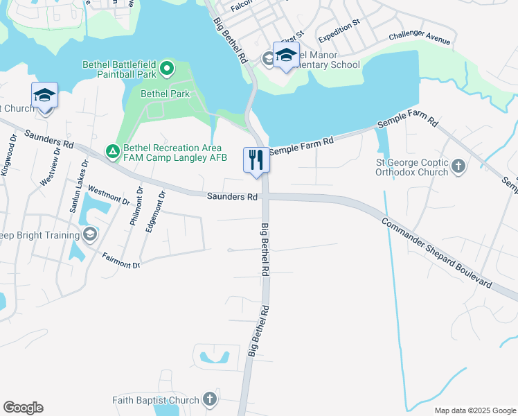 map of restaurants, bars, coffee shops, grocery stores, and more near 1447 Big Bethel Road in Hampton