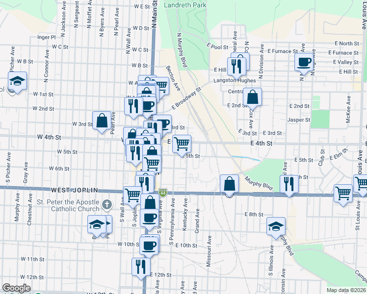 map of restaurants, bars, coffee shops, grocery stores, and more near 320 East 4th Street in Joplin
