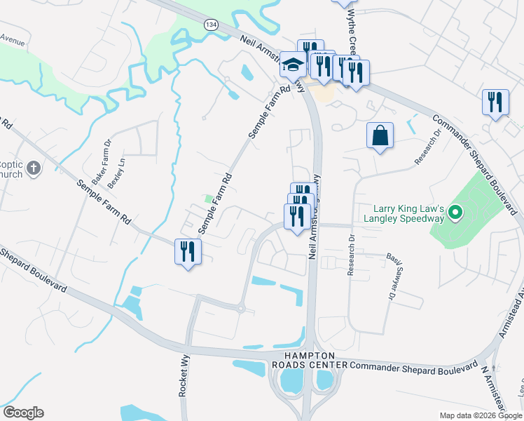map of restaurants, bars, coffee shops, grocery stores, and more near 20 Corwin Circle in Hampton