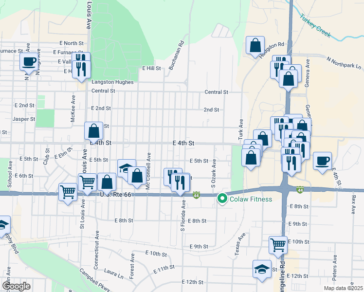map of restaurants, bars, coffee shops, grocery stores, and more near 2501-2599 East 4th Street in Joplin