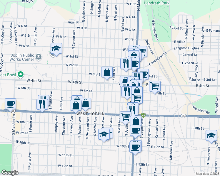 map of restaurants, bars, coffee shops, grocery stores, and more near 320 West 4th Street in Joplin