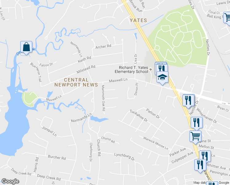 map of restaurants, bars, coffee shops, grocery stores, and more near 12 Heather Lane in Newport News