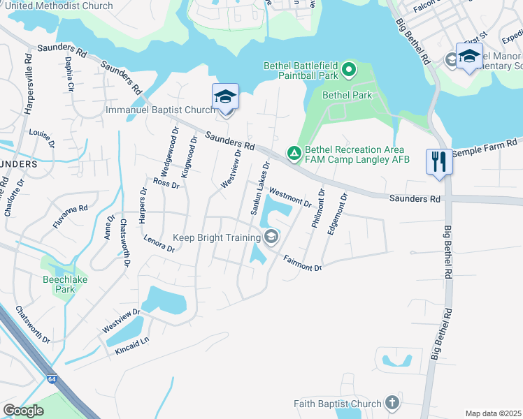 map of restaurants, bars, coffee shops, grocery stores, and more near 29 Sanlun Lakes Drive in Hampton