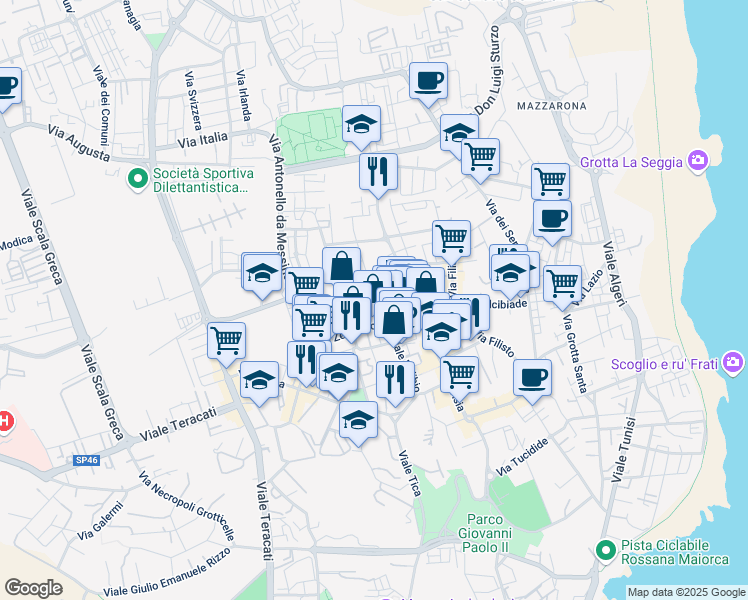 map of restaurants, bars, coffee shops, grocery stores, and more near 43 Via Pietro Novelli in Siracusa