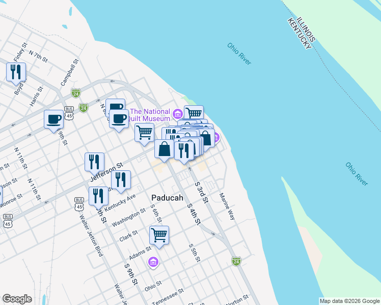 map of restaurants, bars, coffee shops, grocery stores, and more near 206 Broadway Street in Paducah
