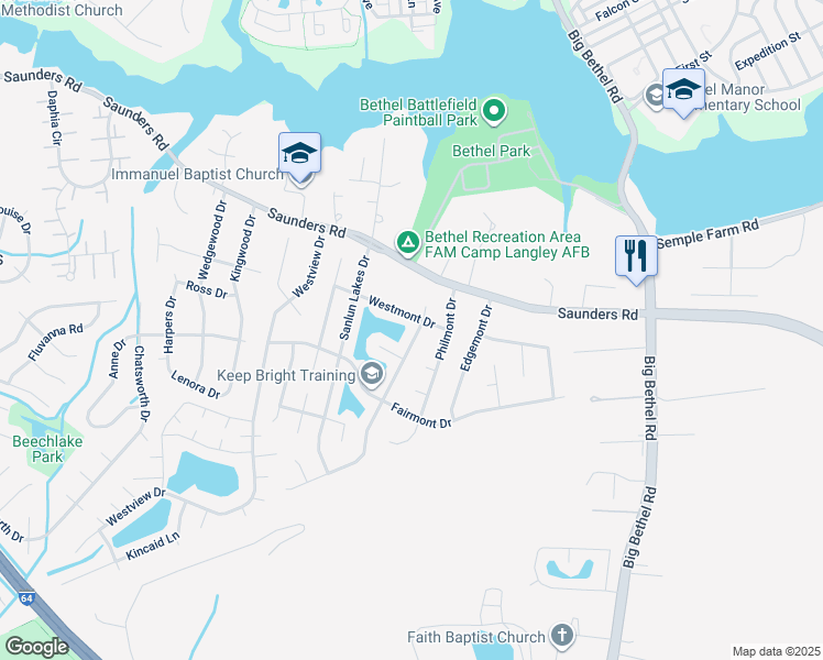map of restaurants, bars, coffee shops, grocery stores, and more near 14 Sandy Lake Drive in Hampton
