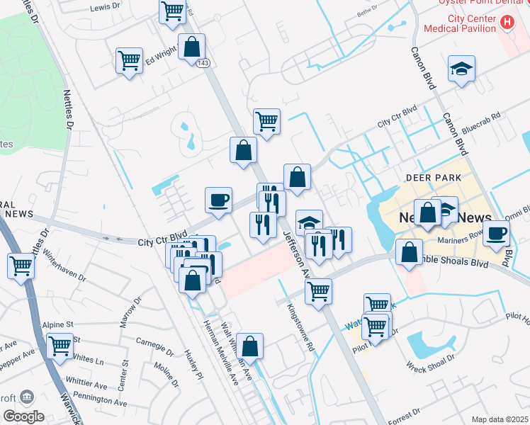 map of restaurants, bars, coffee shops, grocery stores, and more near 11845 Jefferson Avenue in Newport News