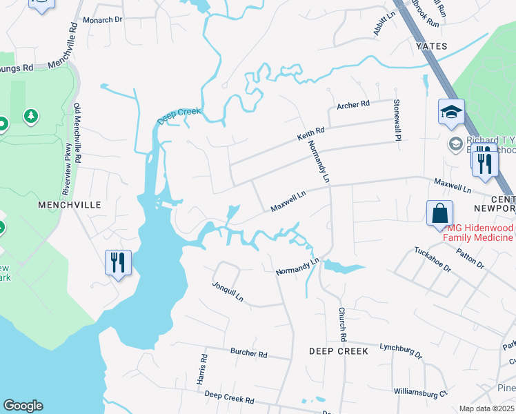 map of restaurants, bars, coffee shops, grocery stores, and more near 301 Maxwell Lane in Newport News
