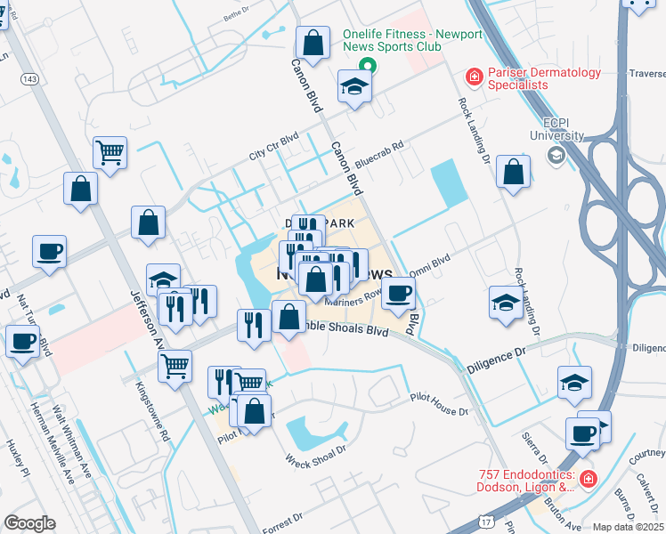 map of restaurants, bars, coffee shops, grocery stores, and more near 725 Town Center Drive in Newport News