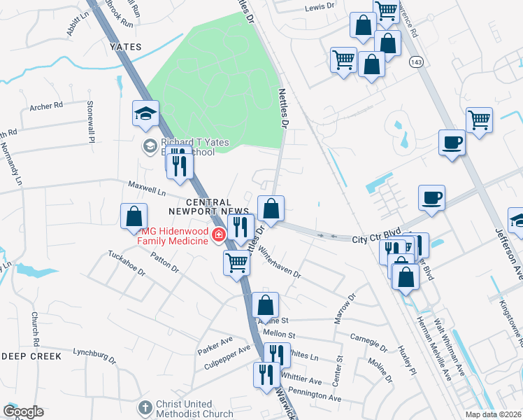 map of restaurants, bars, coffee shops, grocery stores, and more near 12711 Nettles Drive in Newport News