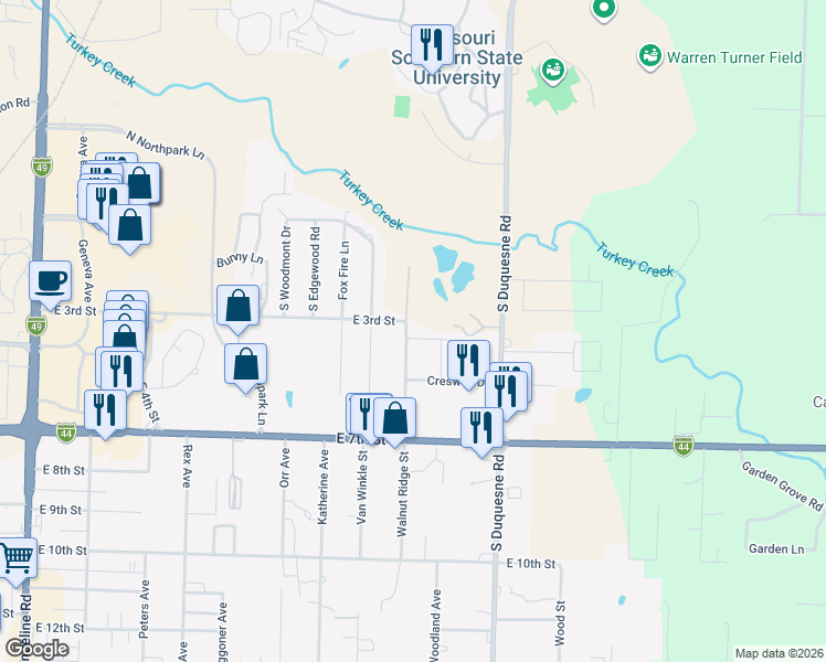 map of restaurants, bars, coffee shops, grocery stores, and more near 413-527 Walnut Ridge Street in Joplin