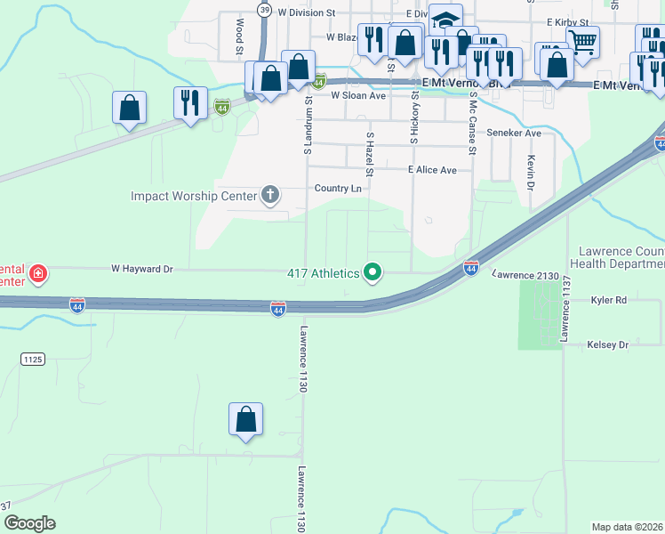 map of restaurants, bars, coffee shops, grocery stores, and more near 320 West Hayward Drive in Mount Vernon