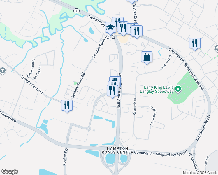 map of restaurants, bars, coffee shops, grocery stores, and more near 9 Derby Drive in Hampton