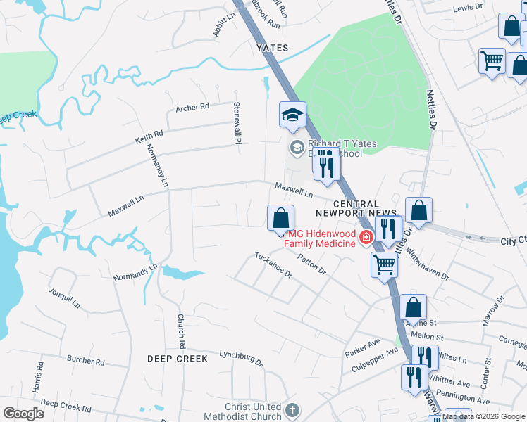 map of restaurants, bars, coffee shops, grocery stores, and more near 192 Devon Place in Newport News