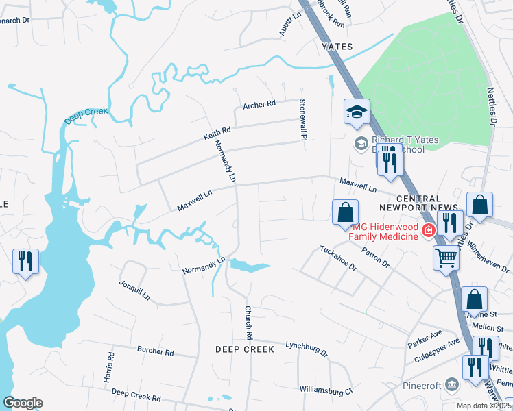 map of restaurants, bars, coffee shops, grocery stores, and more near 6 Mammoth Oak Road in Newport News