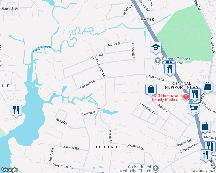 map of restaurants, bars, coffee shops, grocery stores, and more near 181 Normandy Lane in Newport News