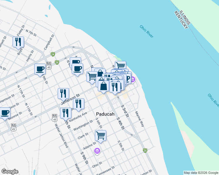 map of restaurants, bars, coffee shops, grocery stores, and more near 124 North 4th Street in Paducah