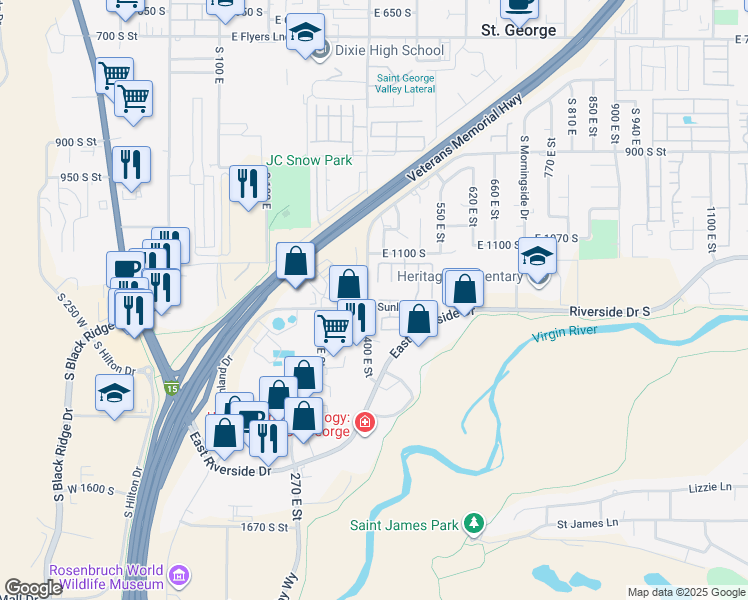 map of restaurants, bars, coffee shops, grocery stores, and more near 441 Sunland Drive in St. George
