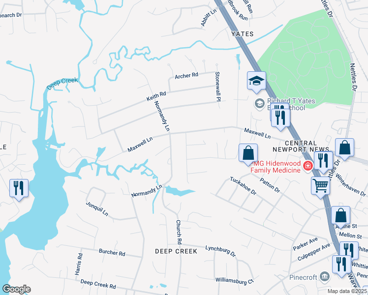 map of restaurants, bars, coffee shops, grocery stores, and more near 6 Mammoth Oak Road in Newport News