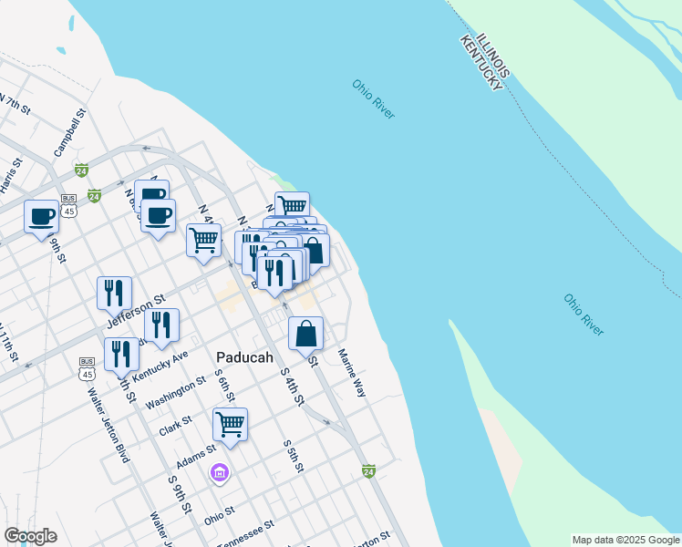 map of restaurants, bars, coffee shops, grocery stores, and more near 27 The Foot of Broadway in Paducah
