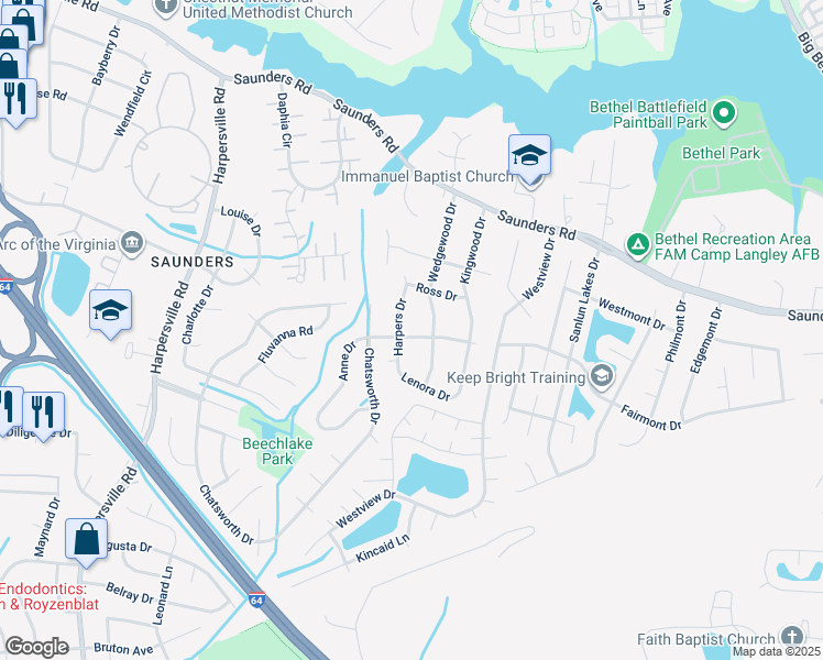 map of restaurants, bars, coffee shops, grocery stores, and more near 267 Anne Drive in Newport News