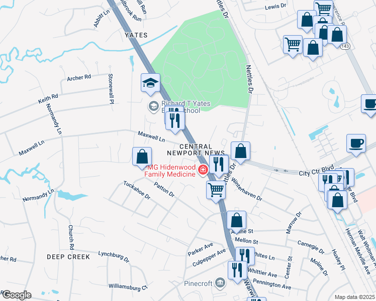 map of restaurants, bars, coffee shops, grocery stores, and more near 40 Maxwell Lane in Newport News