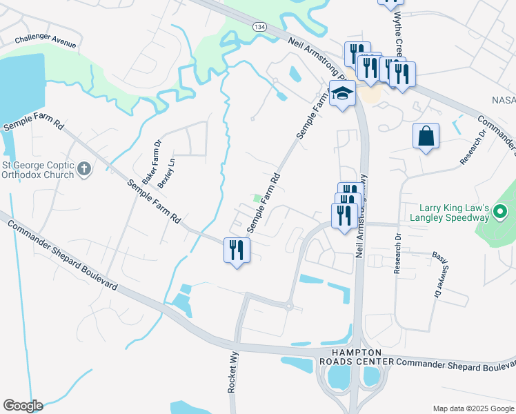 map of restaurants, bars, coffee shops, grocery stores, and more near 4 Frazier Court in Hampton