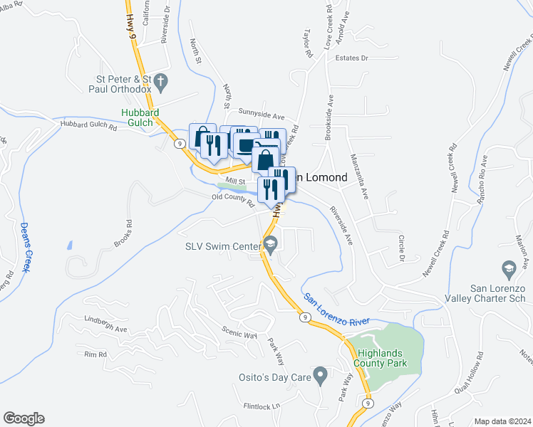 map of restaurants, bars, coffee shops, grocery stores, and more near 105 Hillside Avenue in Ben Lomond
