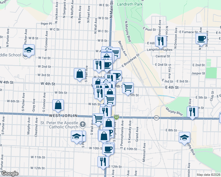 map of restaurants, bars, coffee shops, grocery stores, and more near 402 Missouri 43 in Joplin