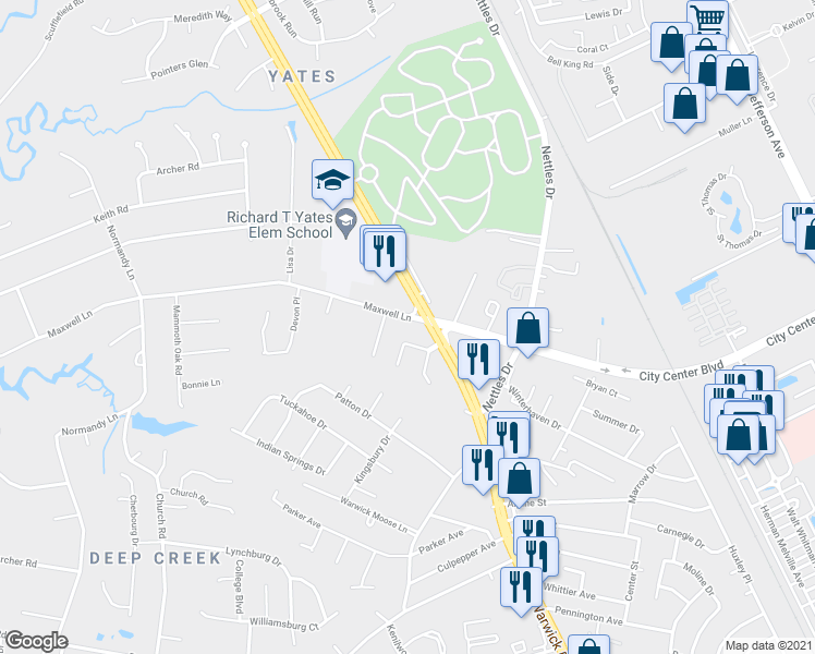 map of restaurants, bars, coffee shops, grocery stores, and more near 44 Maxwell Lane in Newport News