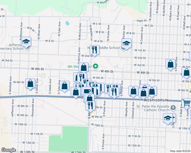 map of restaurants, bars, coffee shops, grocery stores, and more near 1405 West 5th Street in Joplin
