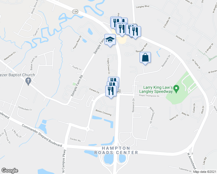 map of restaurants, bars, coffee shops, grocery stores, and more near 9 Derby Drive in Hampton