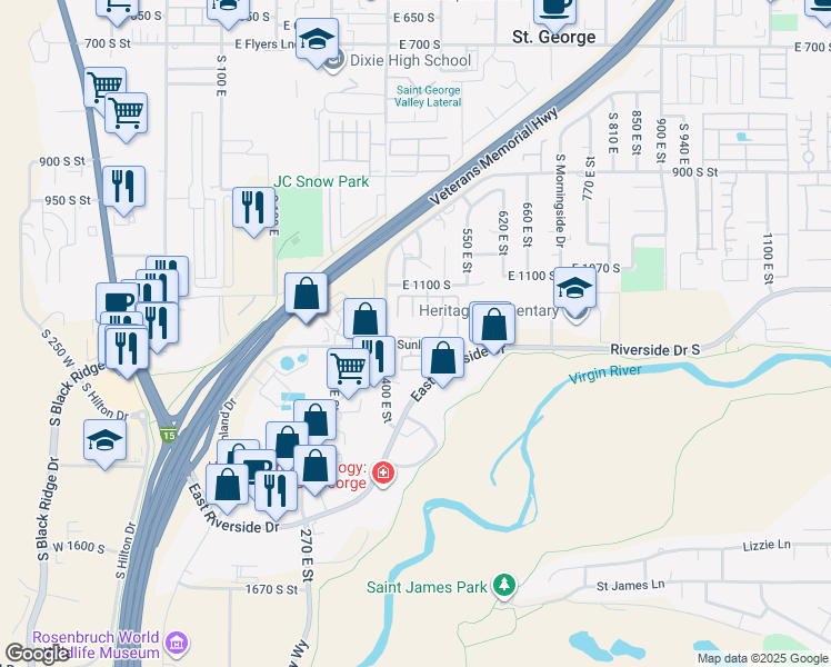 map of restaurants, bars, coffee shops, grocery stores, and more near 441 Sunland Drive in St. George