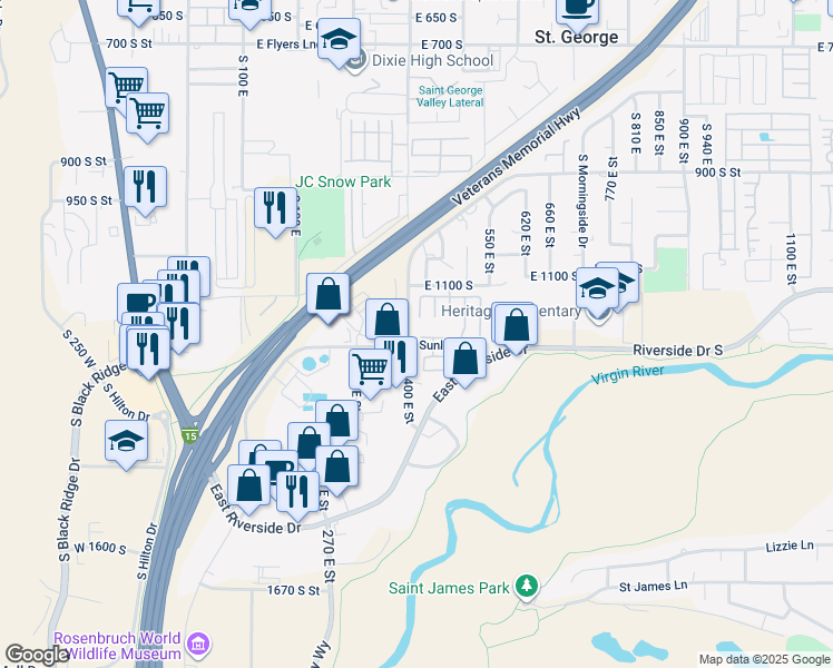 map of restaurants, bars, coffee shops, grocery stores, and more near 441 Sunland Drive in St. George