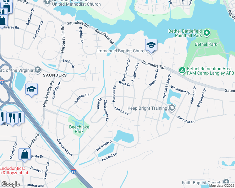 map of restaurants, bars, coffee shops, grocery stores, and more near 267 Anne Drive in Newport News