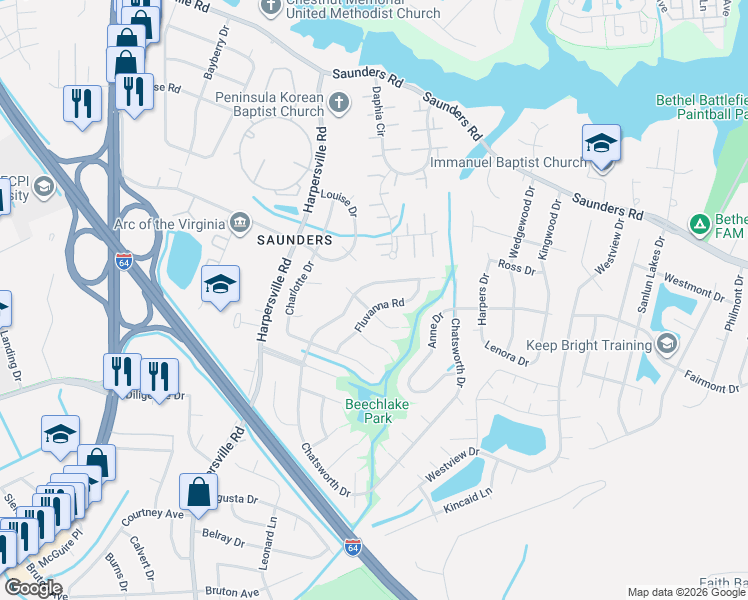 map of restaurants, bars, coffee shops, grocery stores, and more near 929 Fluvanna Road in Newport News
