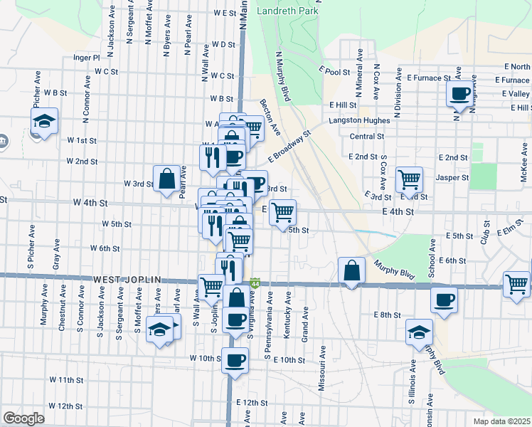 map of restaurants, bars, coffee shops, grocery stores, and more near 214 East 4th Street in Joplin