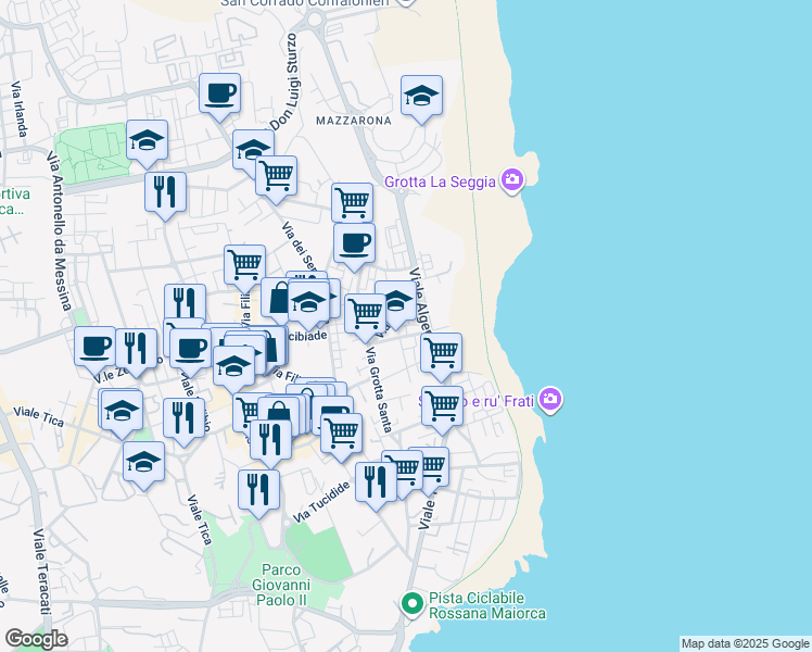 map of restaurants, bars, coffee shops, grocery stores, and more near 10 Via Calabria in Syracuse
