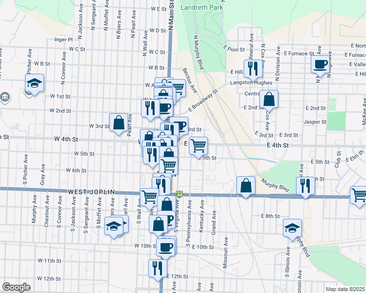 map of restaurants, bars, coffee shops, grocery stores, and more near 401 Virginia Avenue in Joplin
