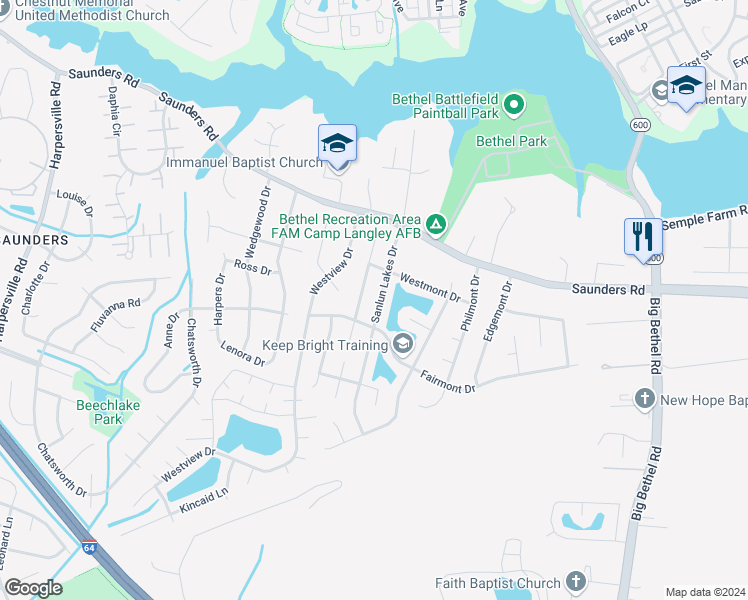map of restaurants, bars, coffee shops, grocery stores, and more near 30 Sanlun Lakes Drive in Hampton