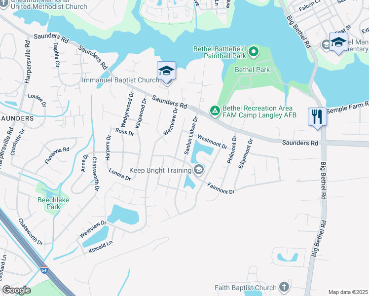map of restaurants, bars, coffee shops, grocery stores, and more near 30 Sanlun Lakes Drive in Hampton