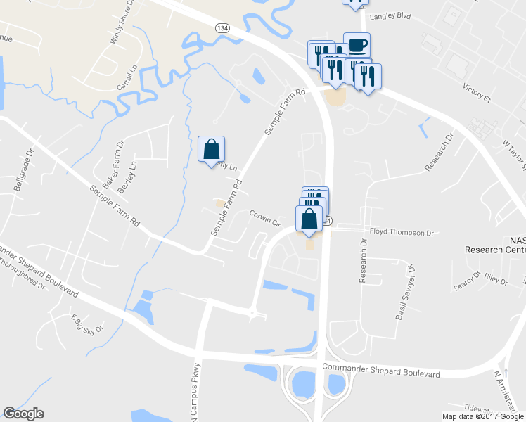 map of restaurants, bars, coffee shops, grocery stores, and more near 40 Corwin Circle in Hampton